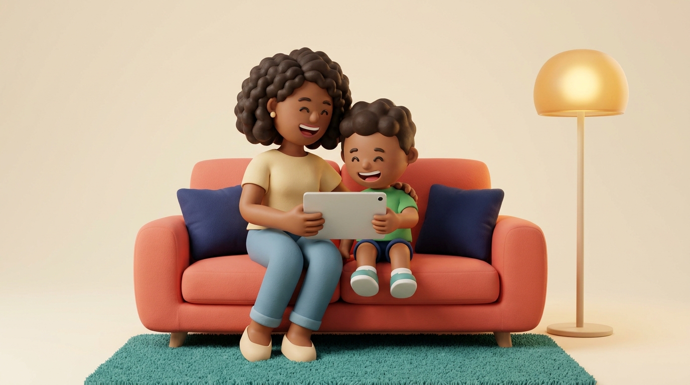 Mãe e filho rindo juntos no sofá, segurando um tablet