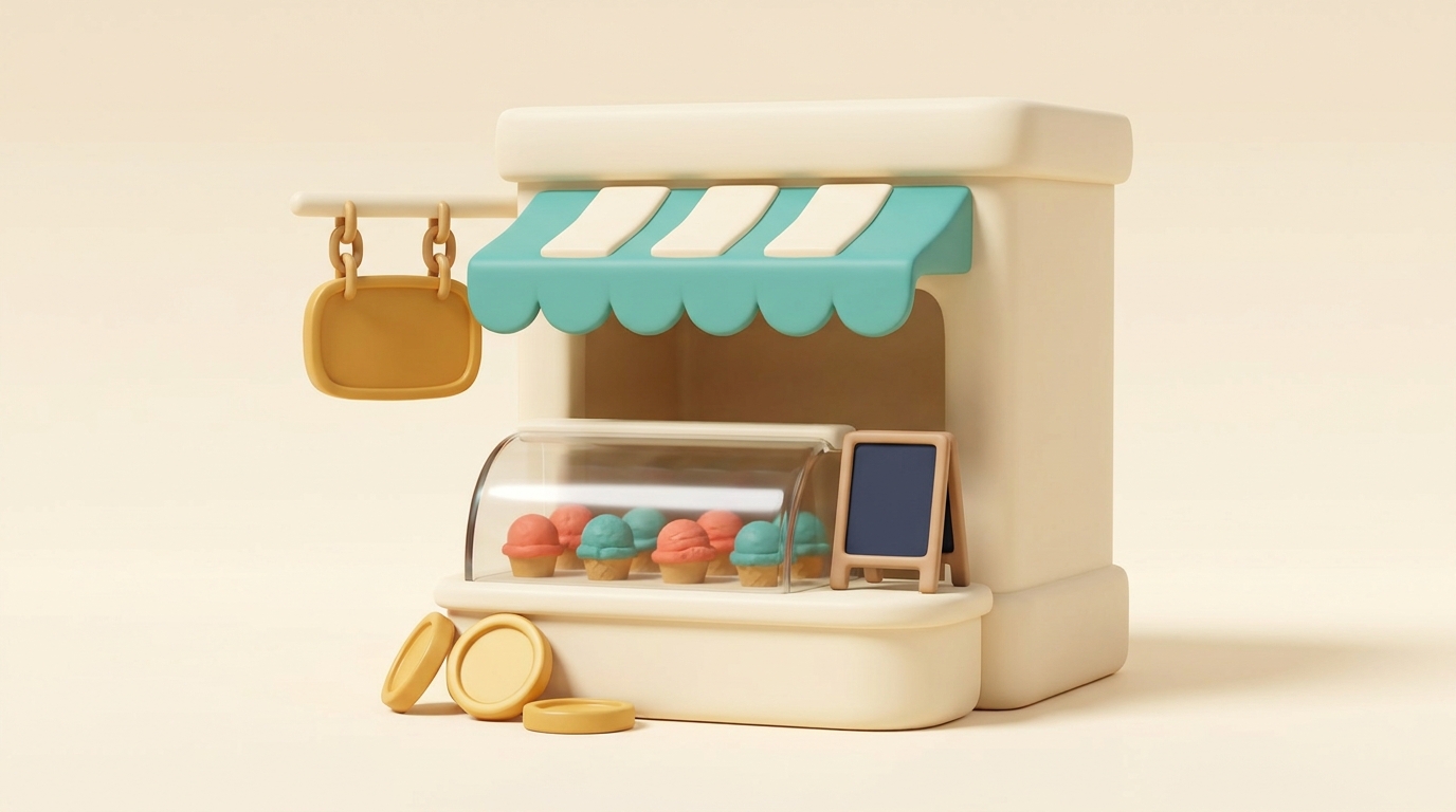 A sorveteria do Tycoonito: lojinha com toldo verde, vitrine de sorvetes e moedas douradas encostadas no balcão
